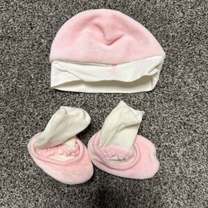 Juicy Couture Pink and White Baby Hat and Booties Set